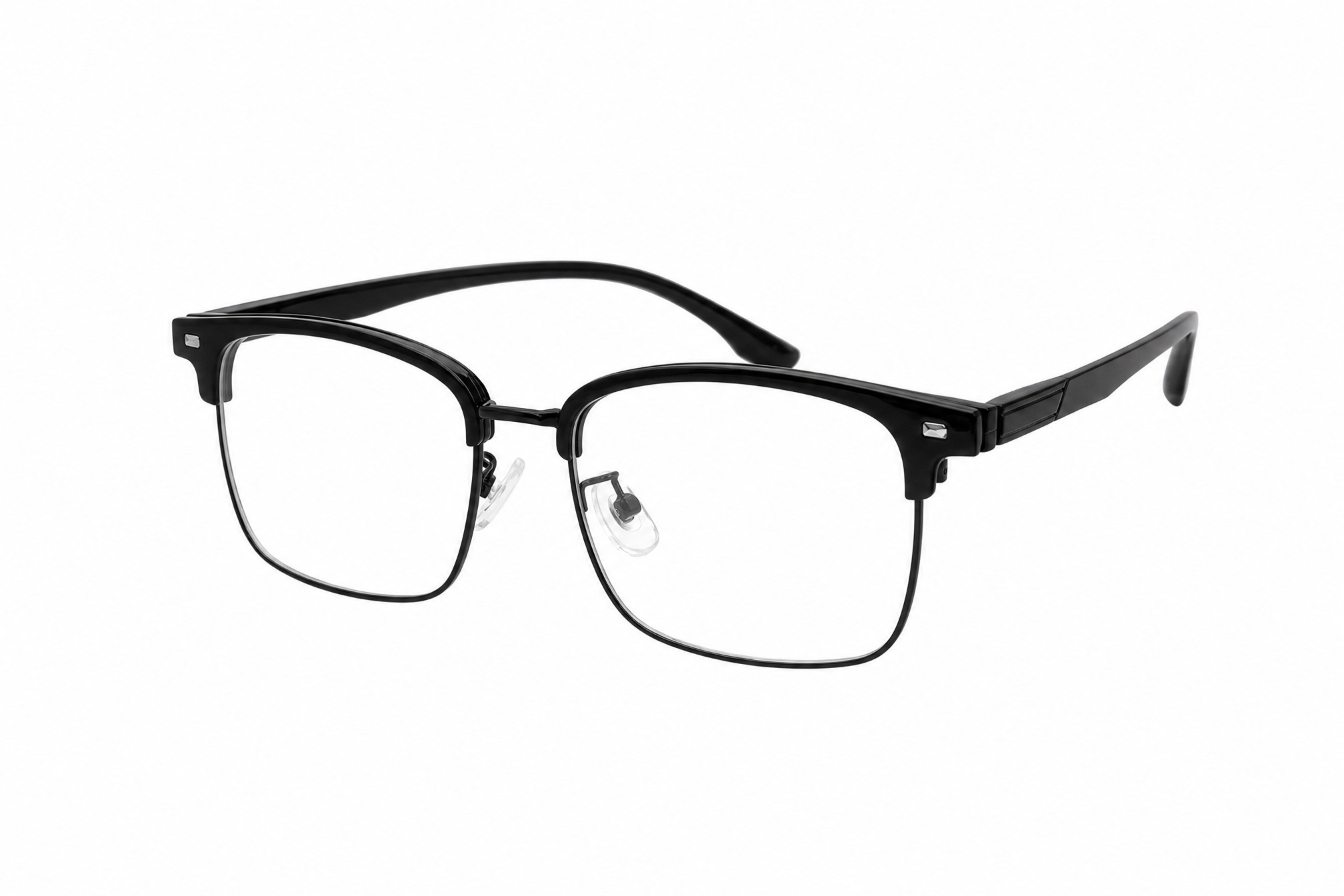 145mm wide fit rectangle browline titanium glasses in black,side angle view