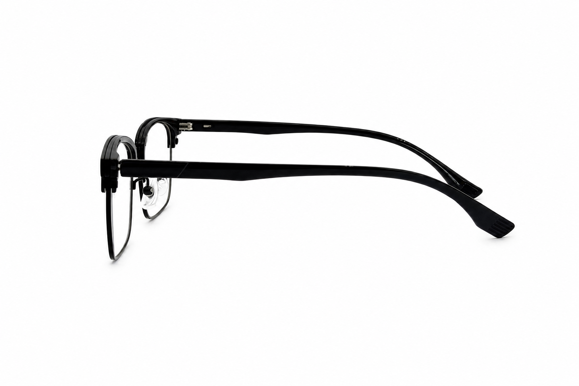 145mm wide fit rectangle browline titanium glasses in black,temple arm side view
