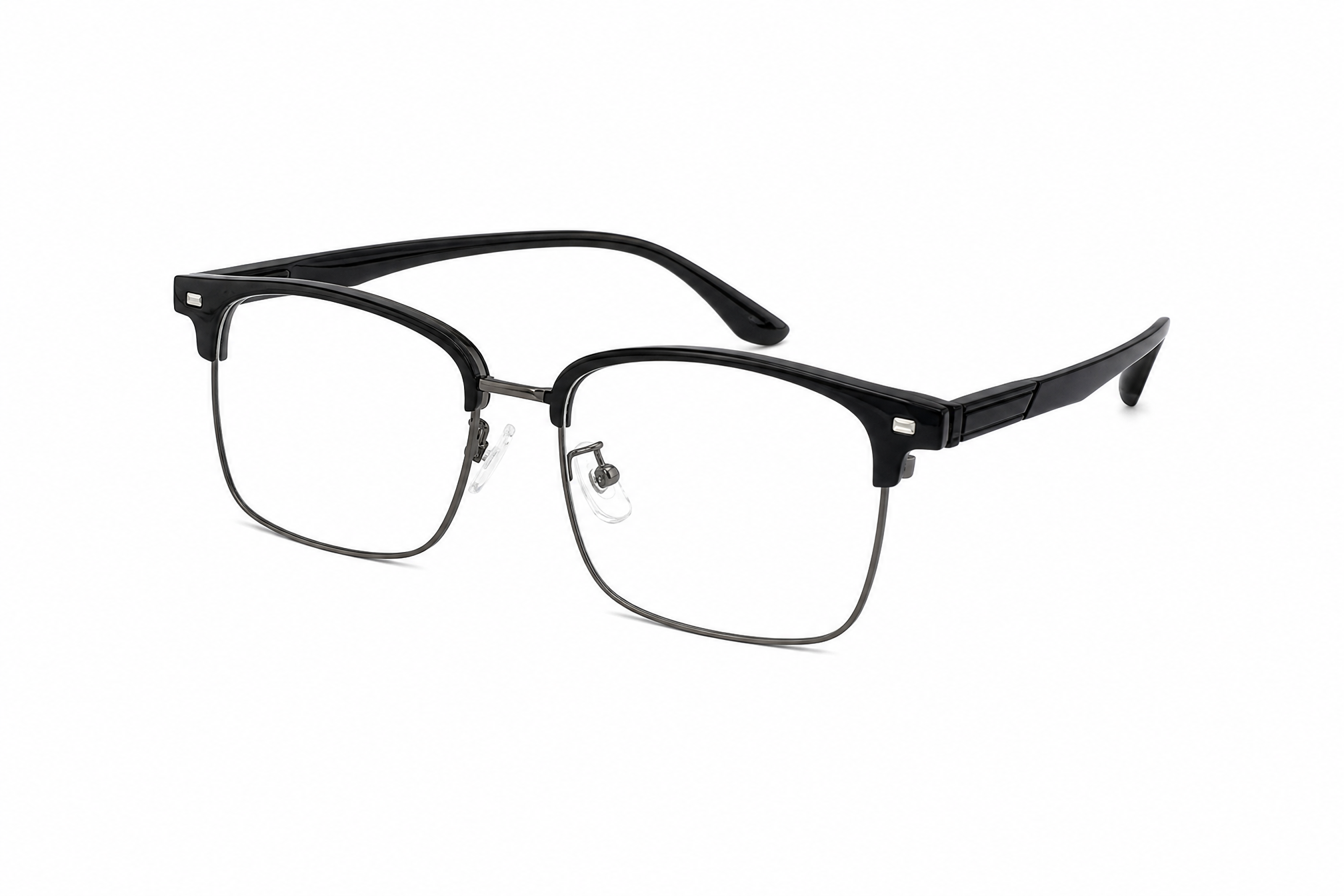 147mm wide fit rectangle browline titanium glasses in gun black,side angle view