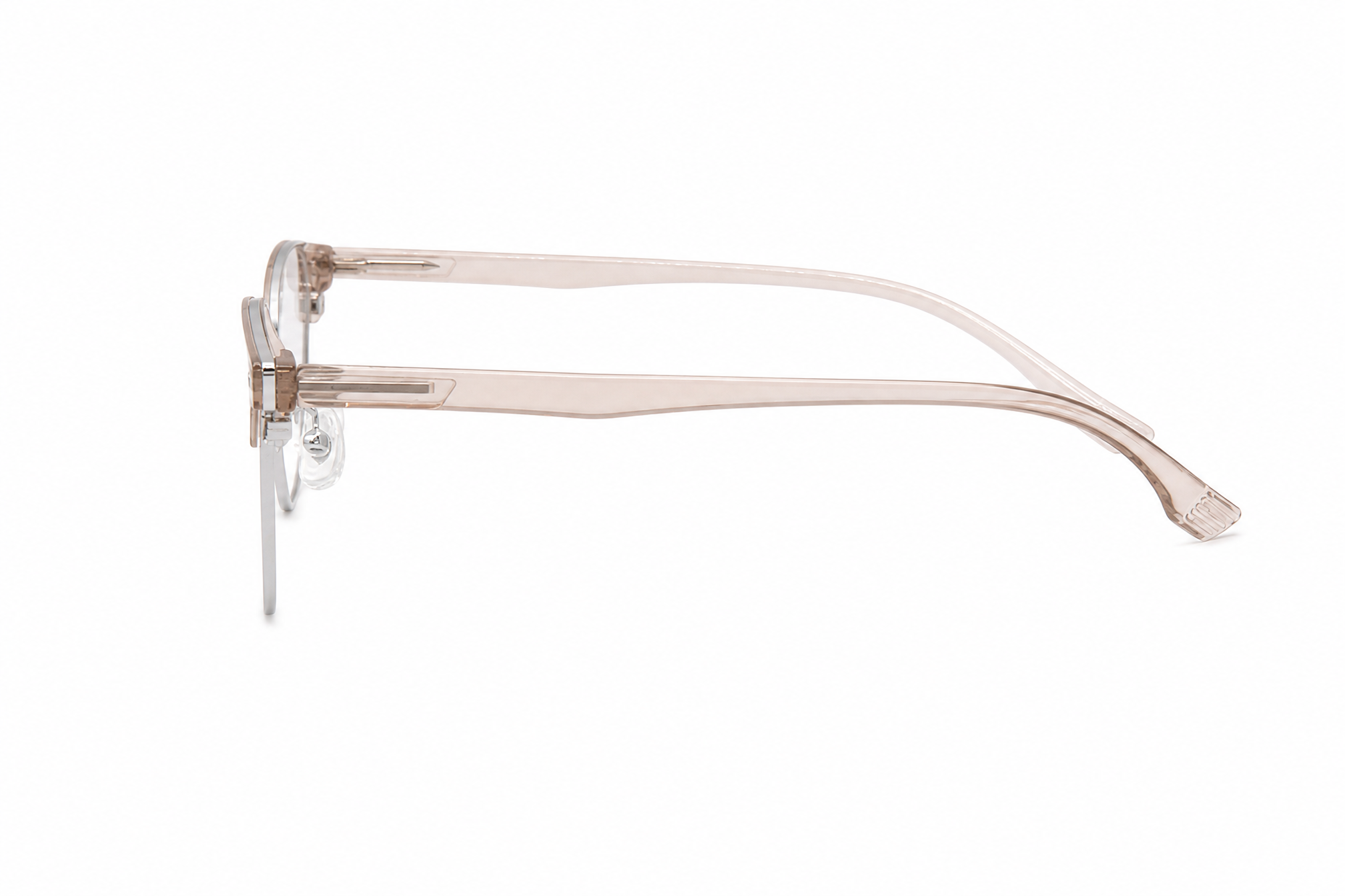 147mm wide fit rectangle browline titanium glasses in translucent pink,temple arm side view