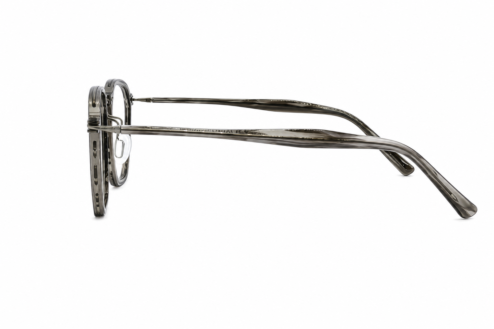 150mm Wide Fit Geometric Titanium Glasses in grey tortoise - side view