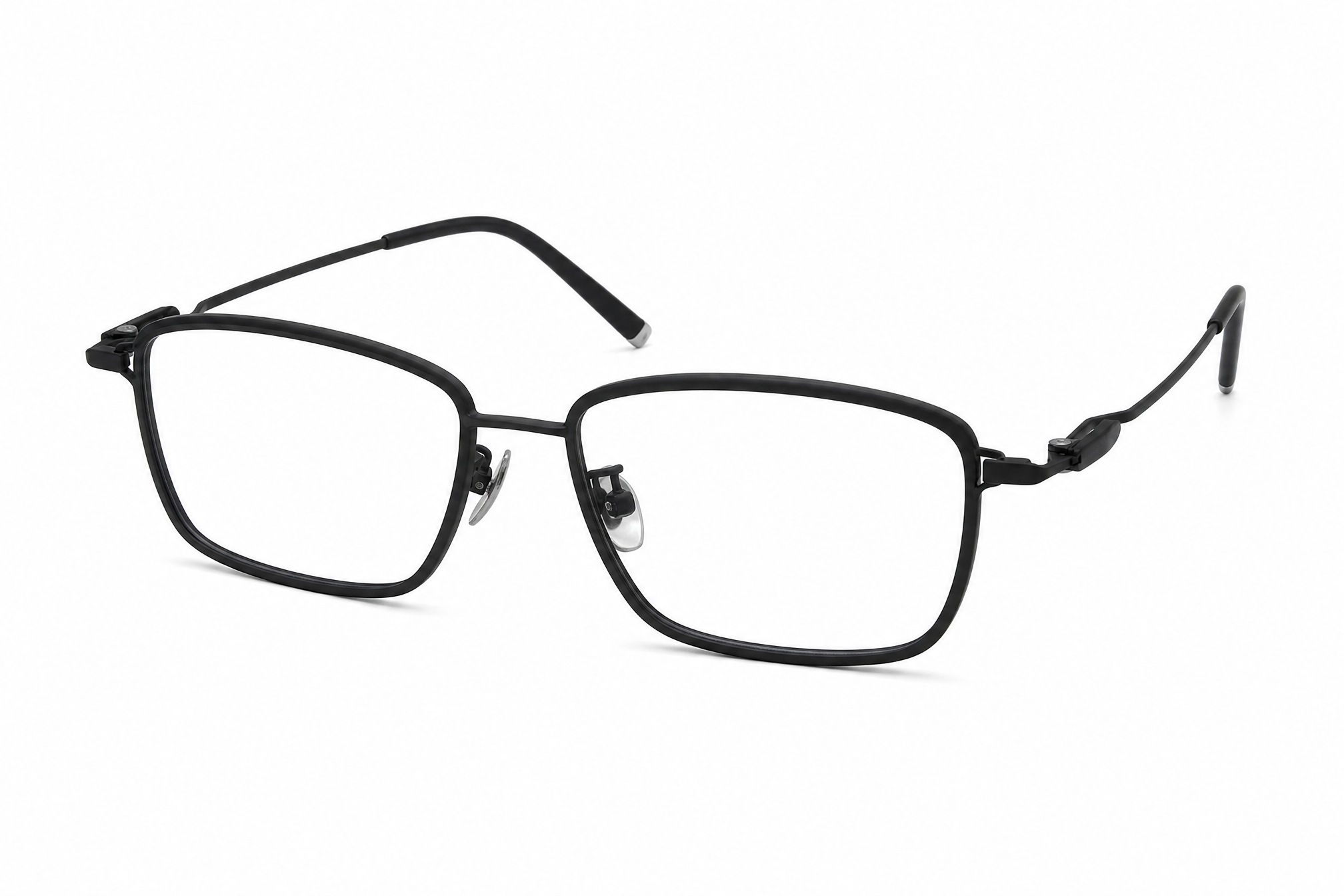 Black wide fit rectangular titanium glasses , side angle view