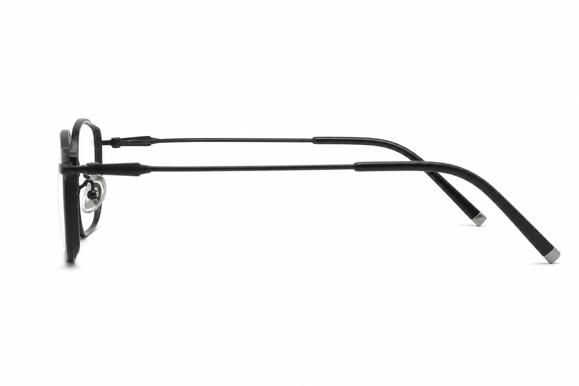 Black wide fit rectangular titanium glasses,temple arm side view