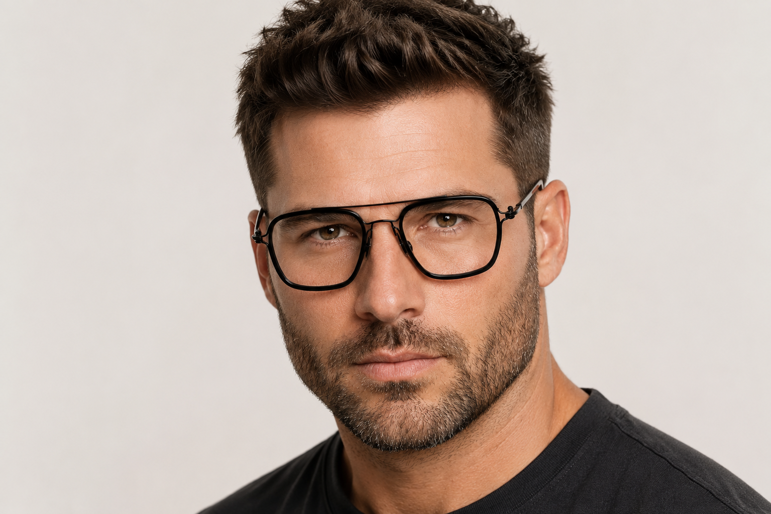 Man wearing 140mm Oversized Rectangle Aviator Titanium Glasses in black