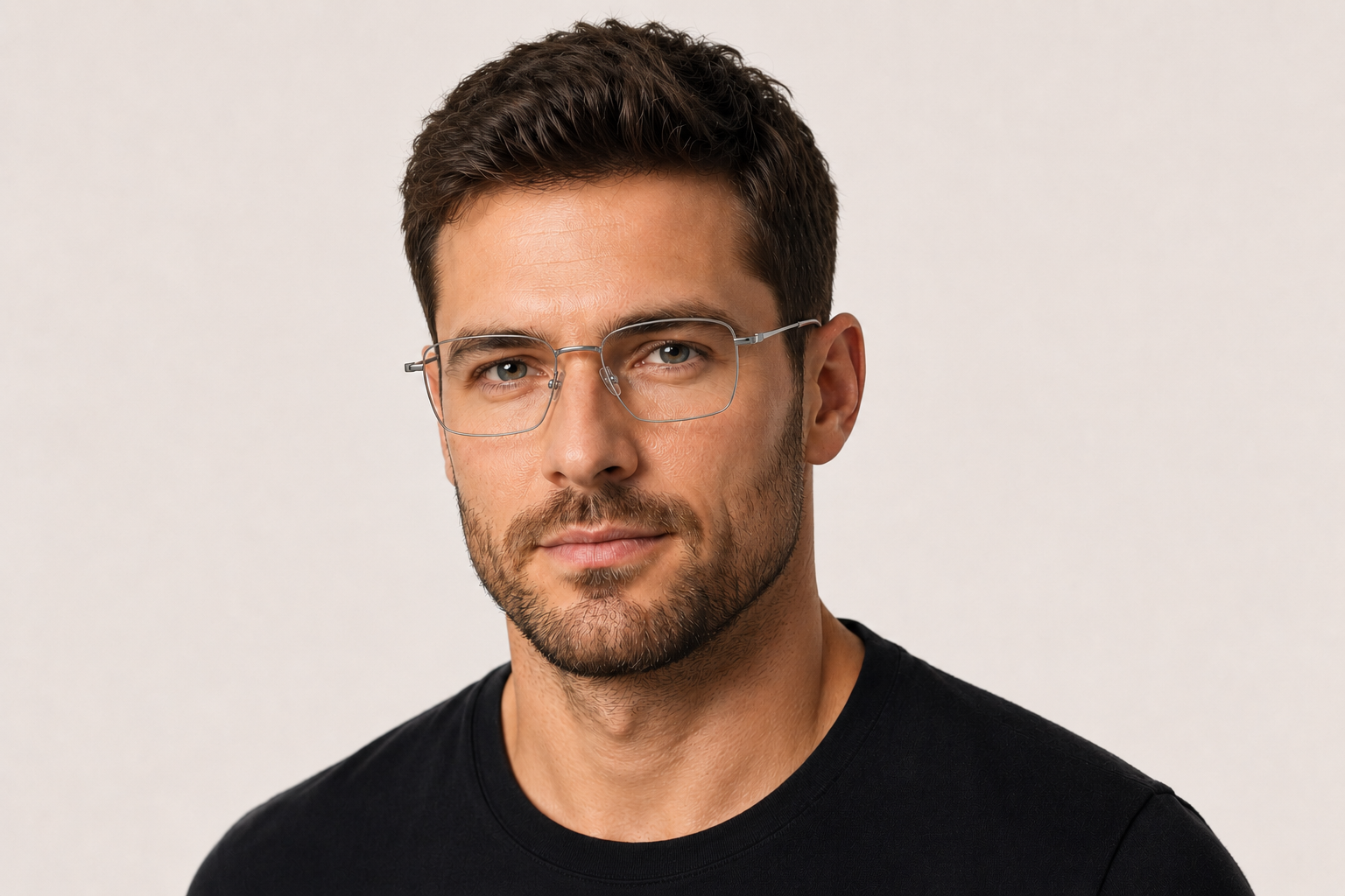 Man wearing 153mm Wide Fit Rectangle Titanium Glasses in silver, front view close-up