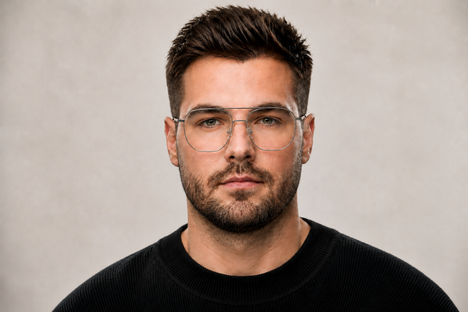 Man wearing 156mm wide fit geometric titanium glasses in sliver, front view close-up