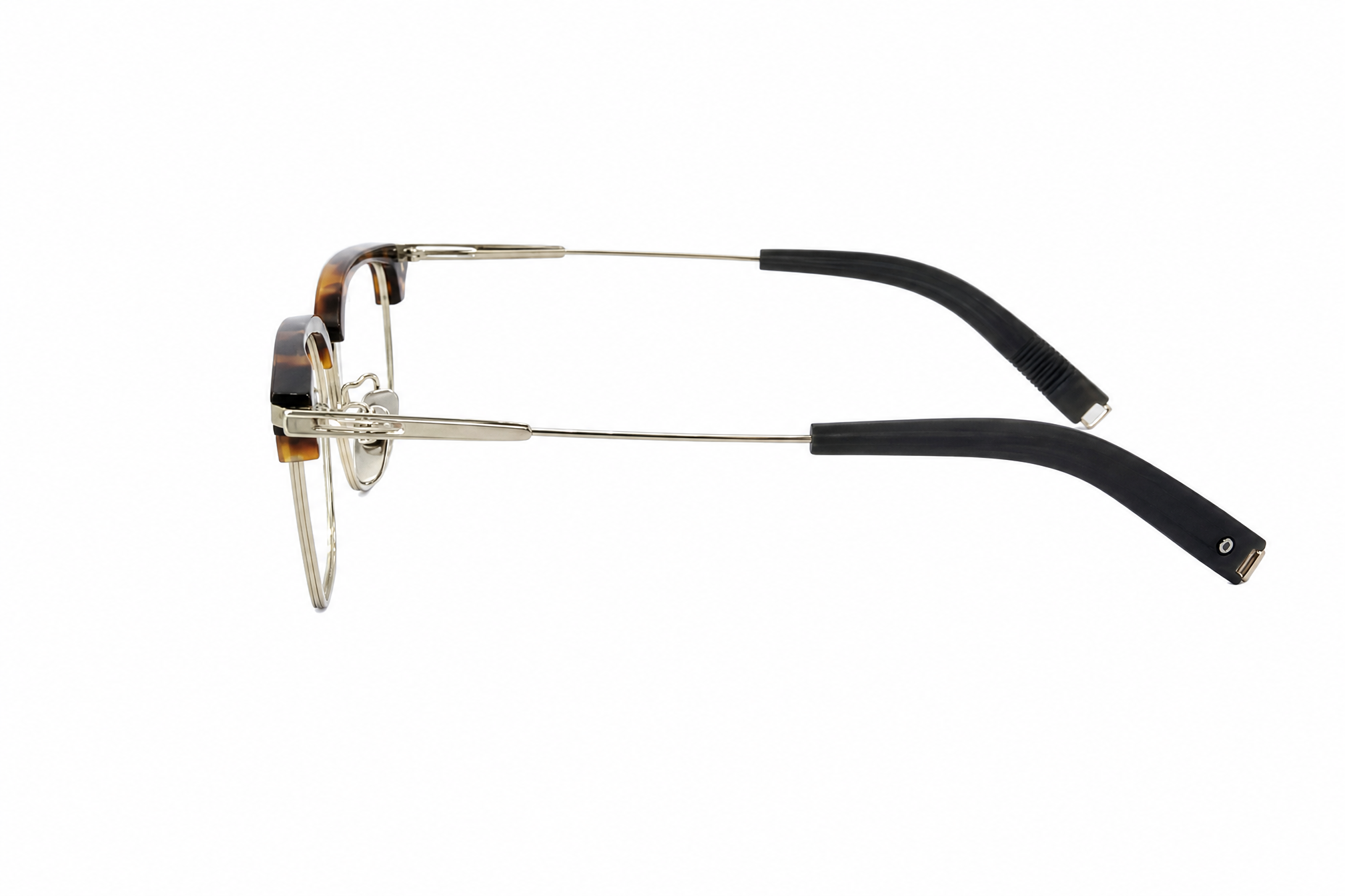 Tortoiseshell titanium rectangle glasses, temple arm side view