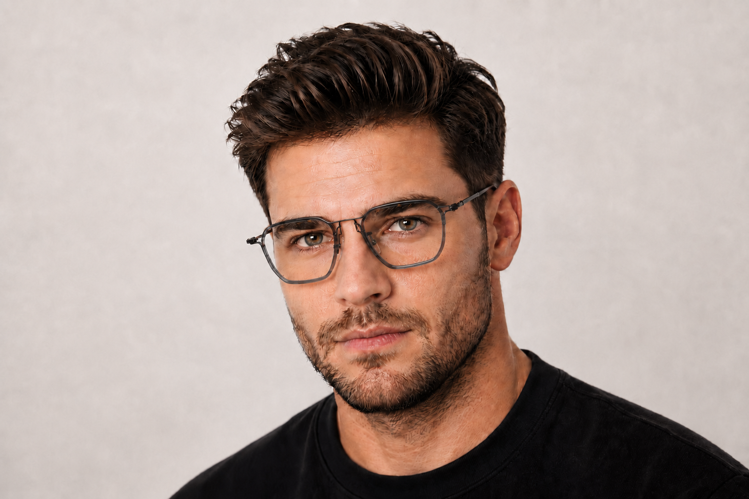 man wearing 157mm Wide Fit Titanium Glasses with a grey black frame.