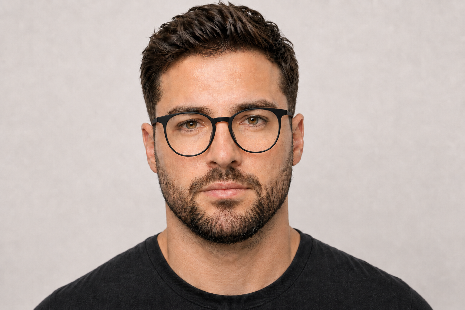 man wearing 145mm black wide fit round TR90 glasses