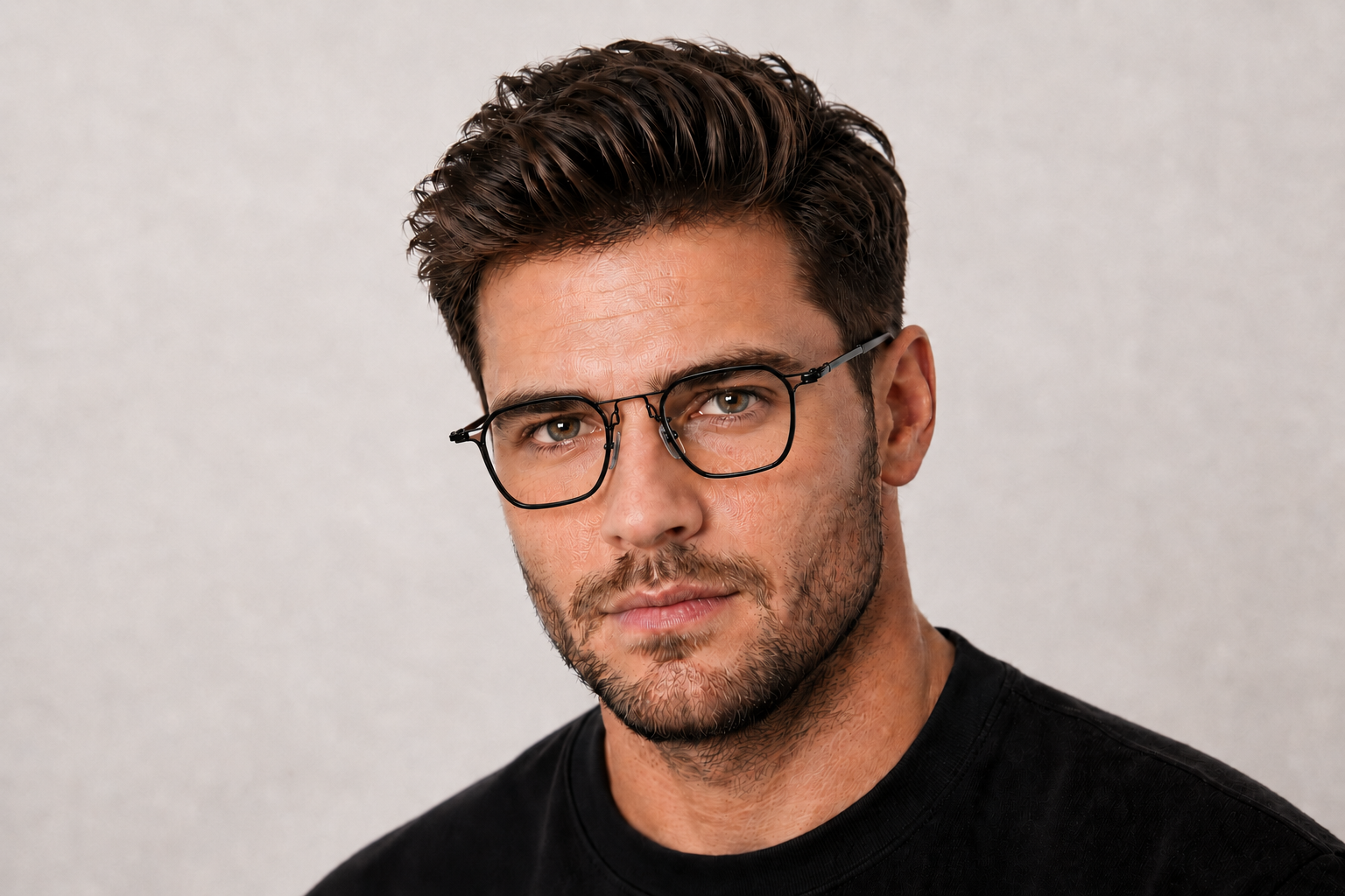 man wearing 157mm Wide Fit Titanium Glasses with a black frame