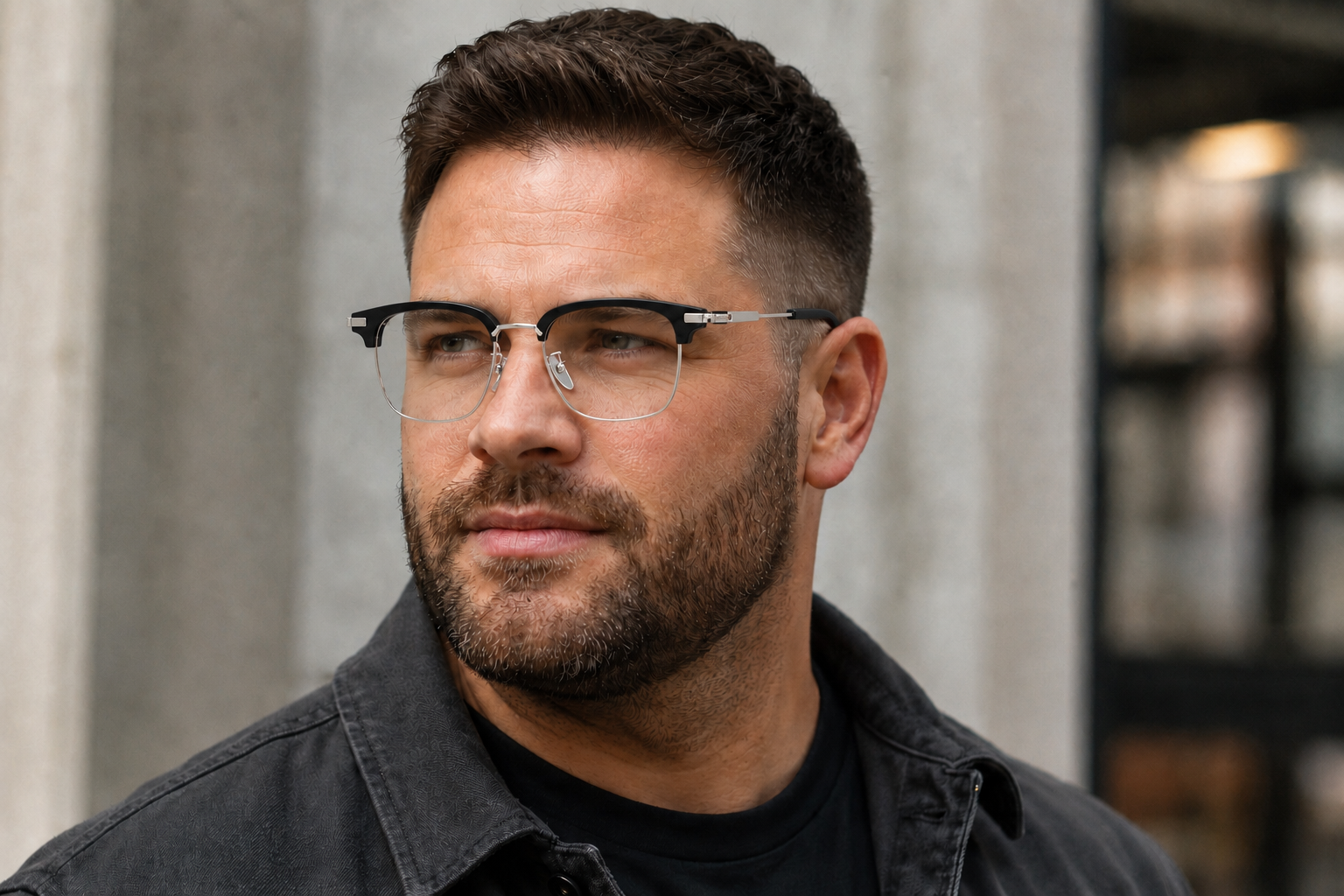 man wearing oversized silver titanium rectangle glasses