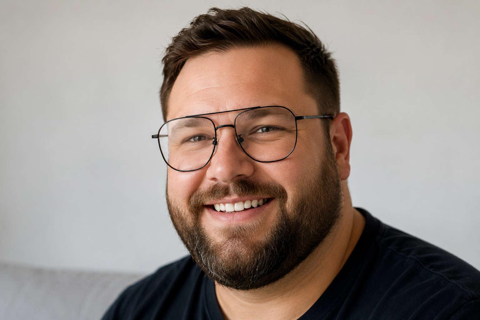 man wearing wide fit black titanium rectangle glasses
