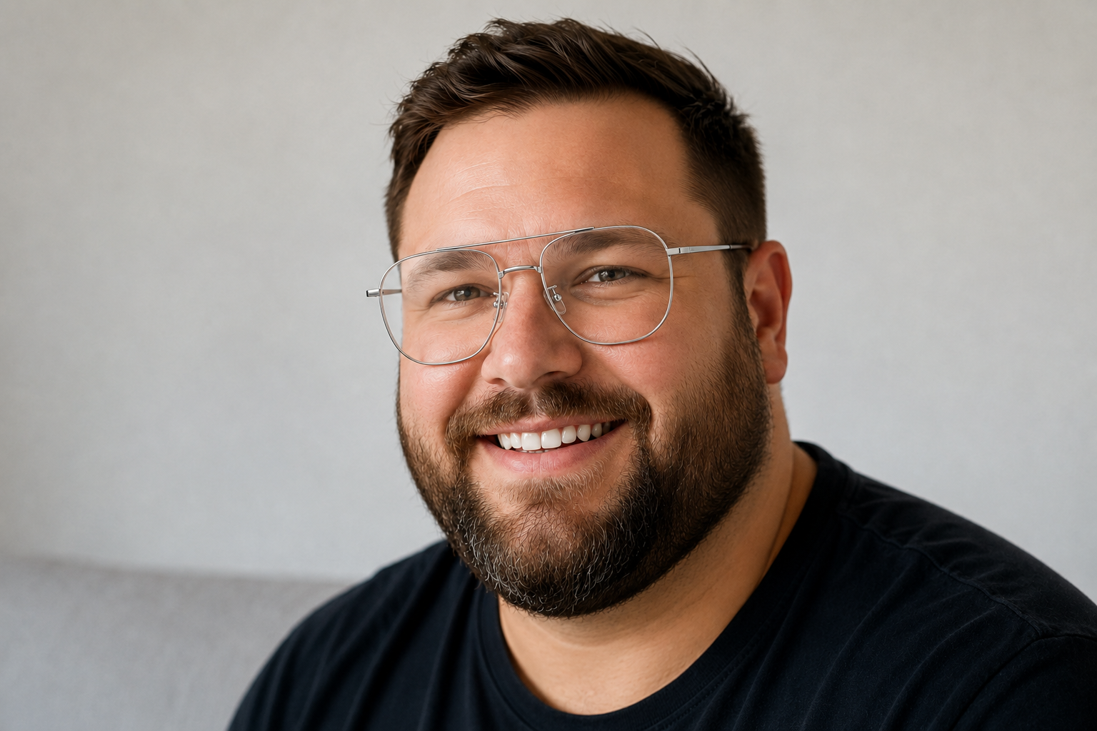 man wearing wide fit silver titanium rectangle glasses