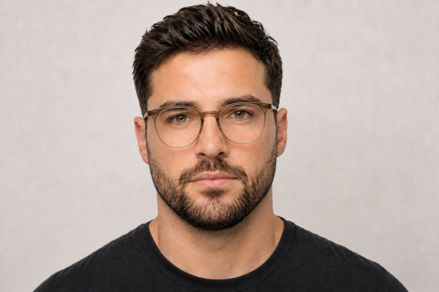 man wearing 145mm brown wide fit round TR90 glasses