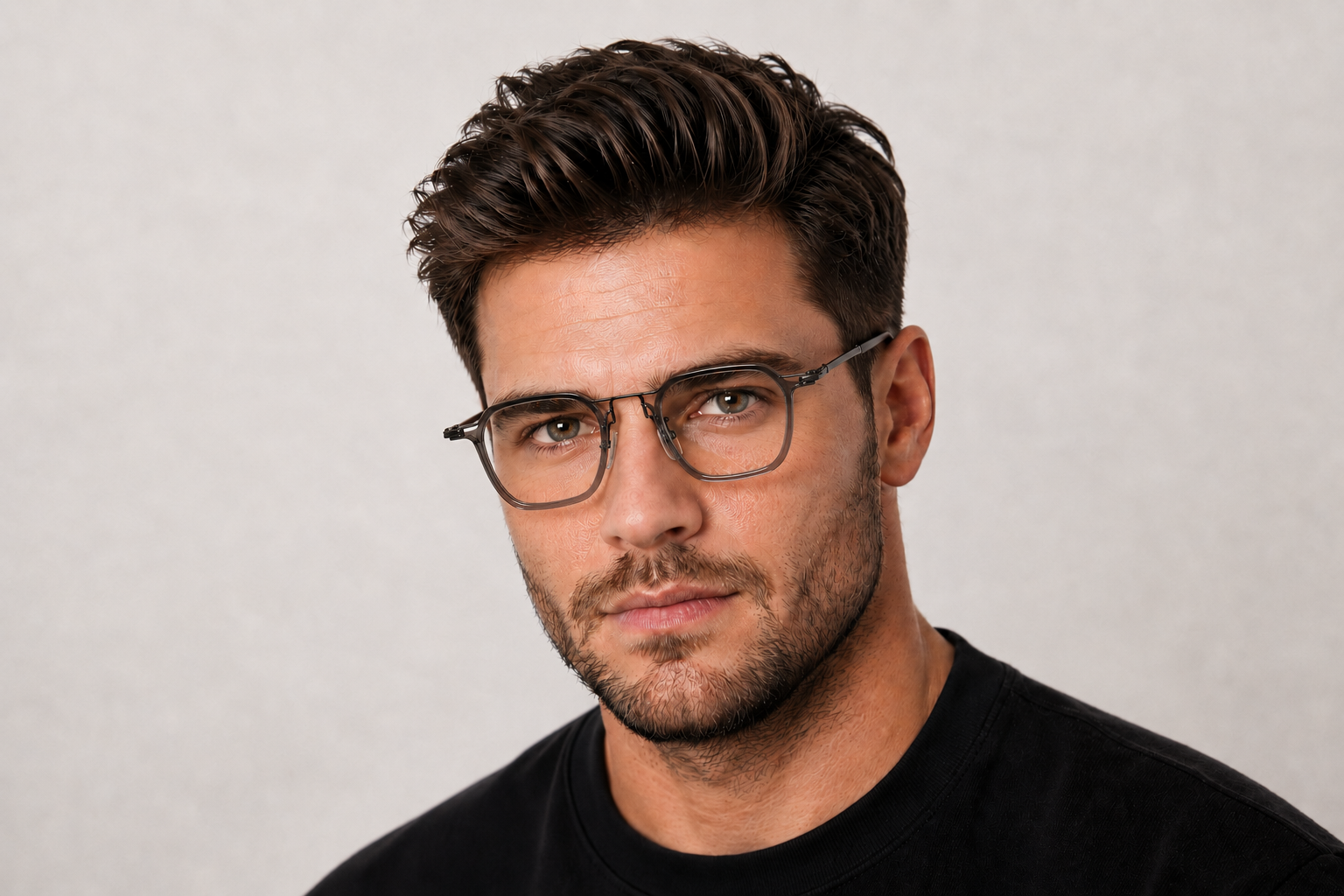 man wearing 157mm Wide Fit Titanium Glasses with a grey frame.