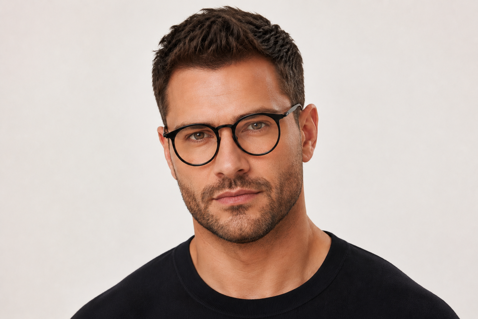 man wearing 163mm black lightweight titanium wide-fit glasses