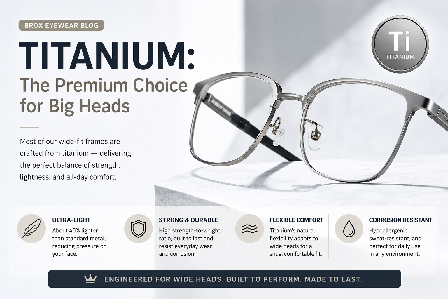 Titanium eyeglasses frame for big heads - lightweight, durable wide-fit design