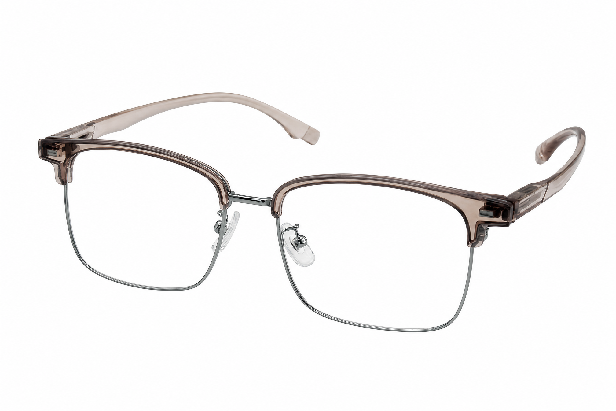 147mm wide fit rectangle browline titanium glasses in translucent pink silver,side angle view