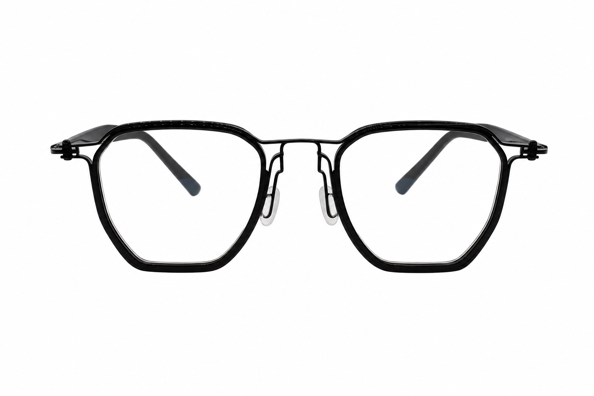 150mm Wide Fit Geometric Titanium Glasses in black - front view