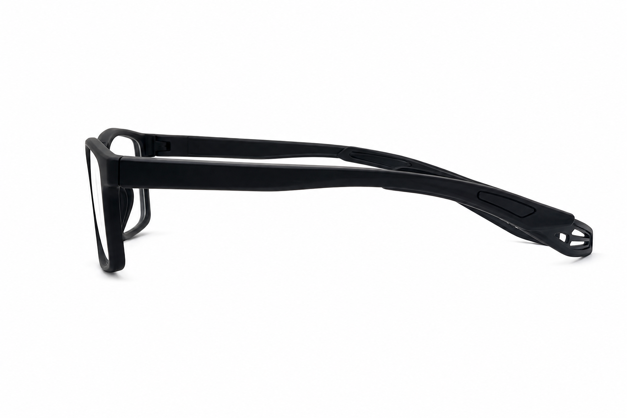 150mm wide rectangle TR90 glasses in black,temple arm side view