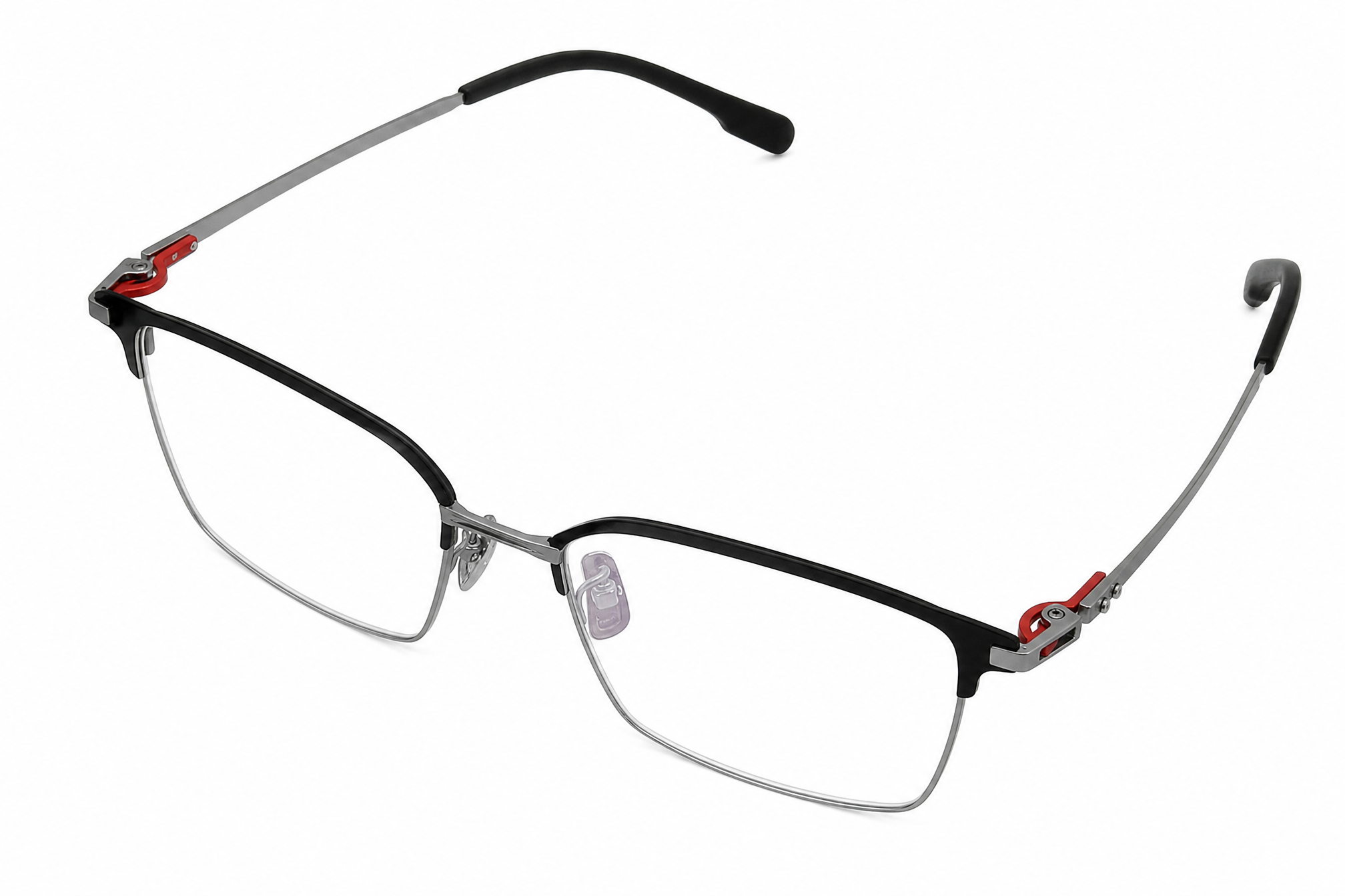 158mm black silver wide titanium browline glasses for wide faces with red hinge,side angle view