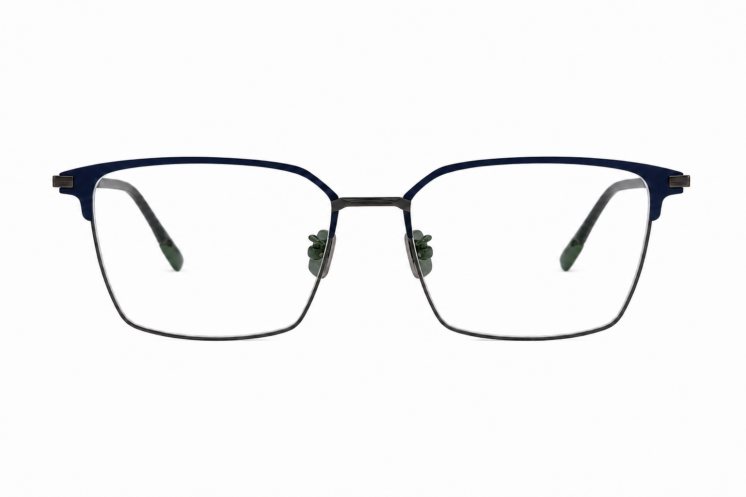 158mm blue silver wide titanium browline glasses for wide faces with red hinge,front view