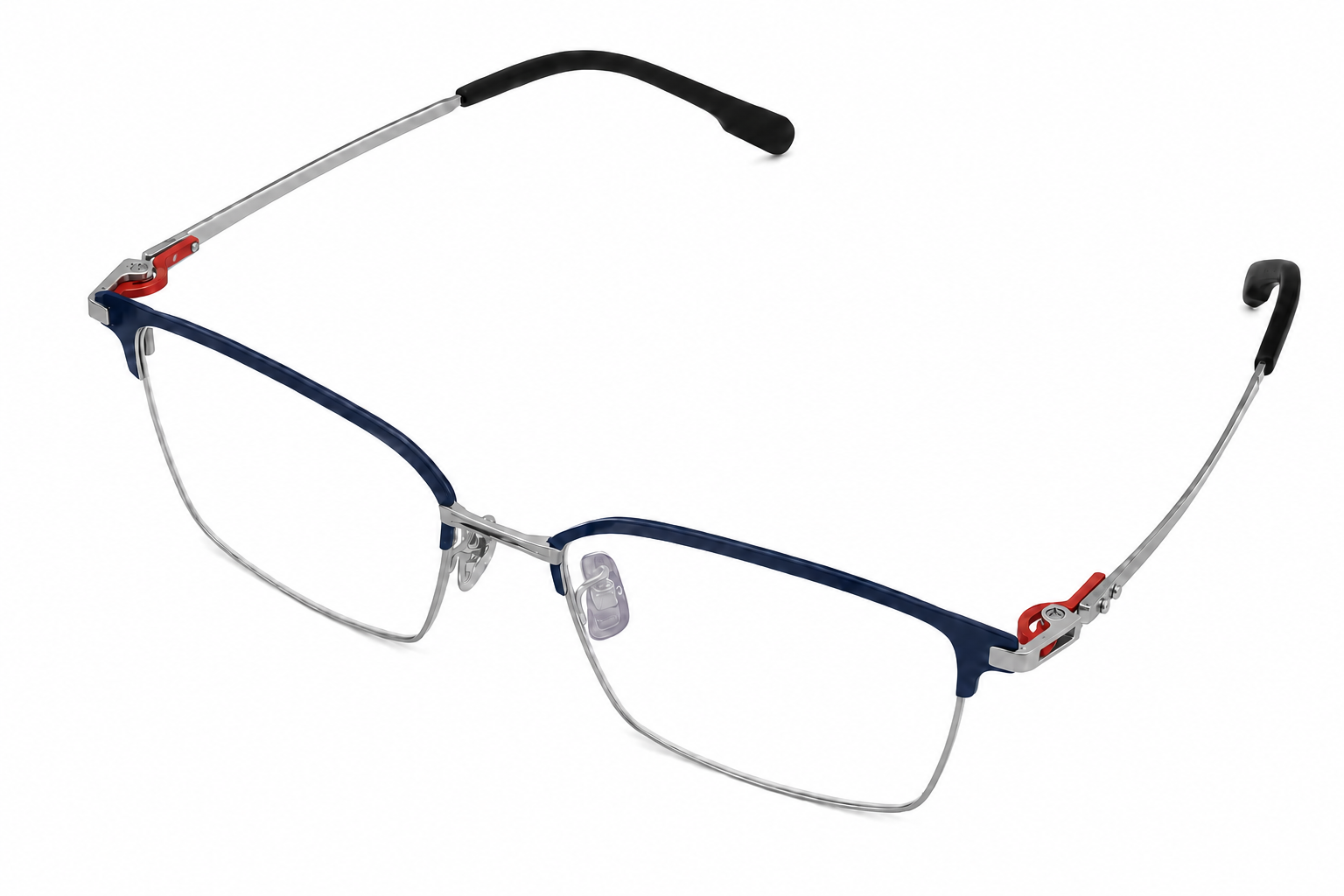 158mm blue silver wide titanium browline glasses for wide faces with red hinge,side angle view