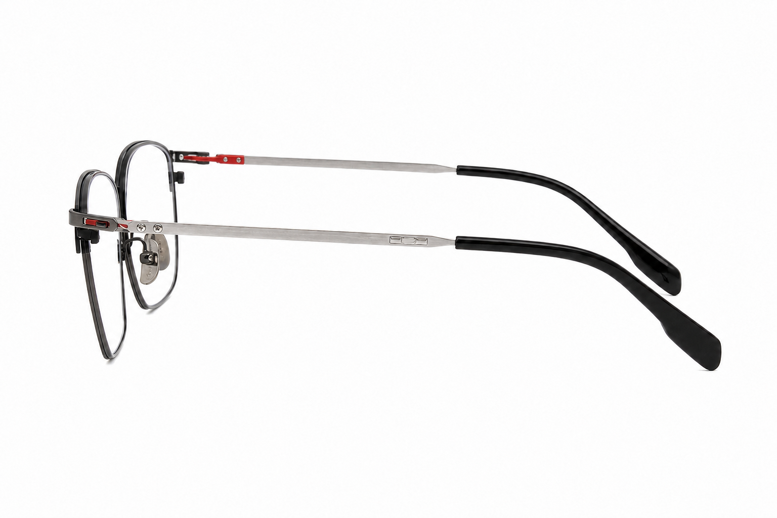 158mm blue silver wide titanium browline glasses for wide faces with red hinge,temple arm side view
