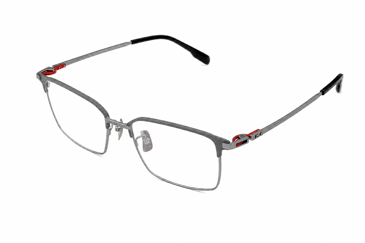 158mm grey silver wide titanium browline glasses for wide faces with red hinge,side angle view
