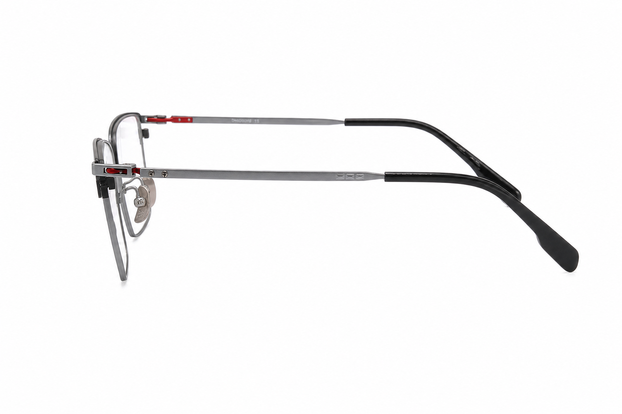 165mm grey wide titanium browline glasses for wide faces with red hinge,temple arm side view