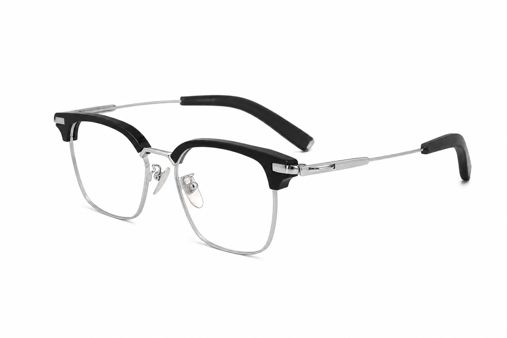 146mm black silver Rectangle Browline Titanium Glasses,side angle view