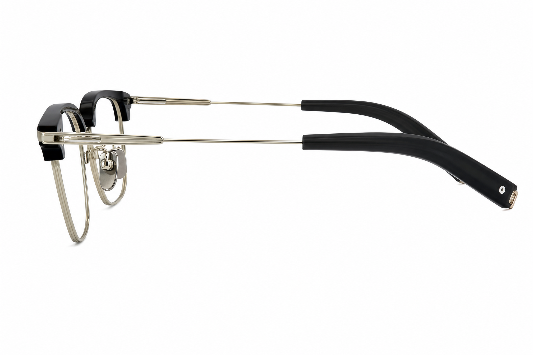 Gold titanium rectangle glasses, temple arm side view