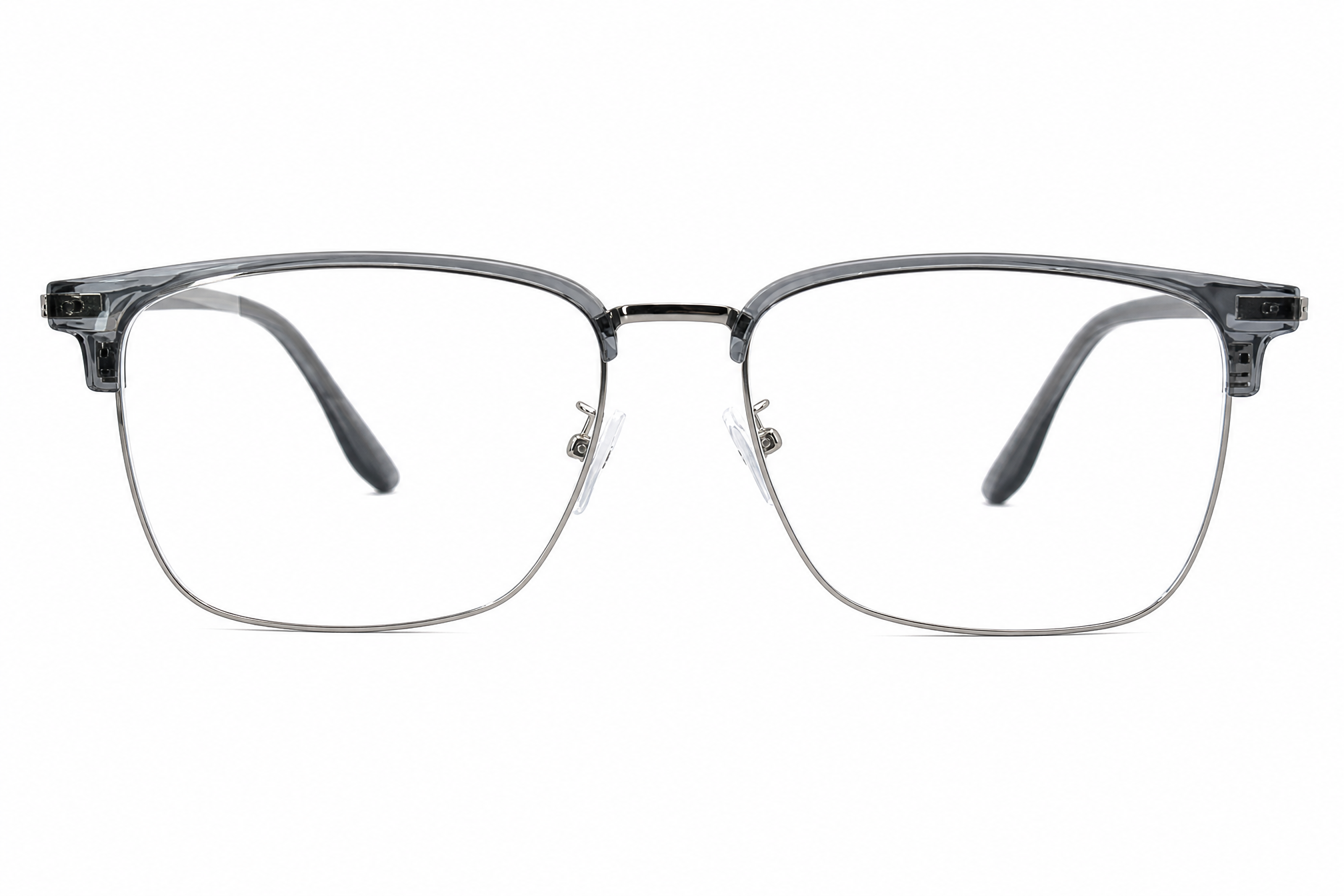 Grey oversized rectangle browline titanium eyeglasses,front view