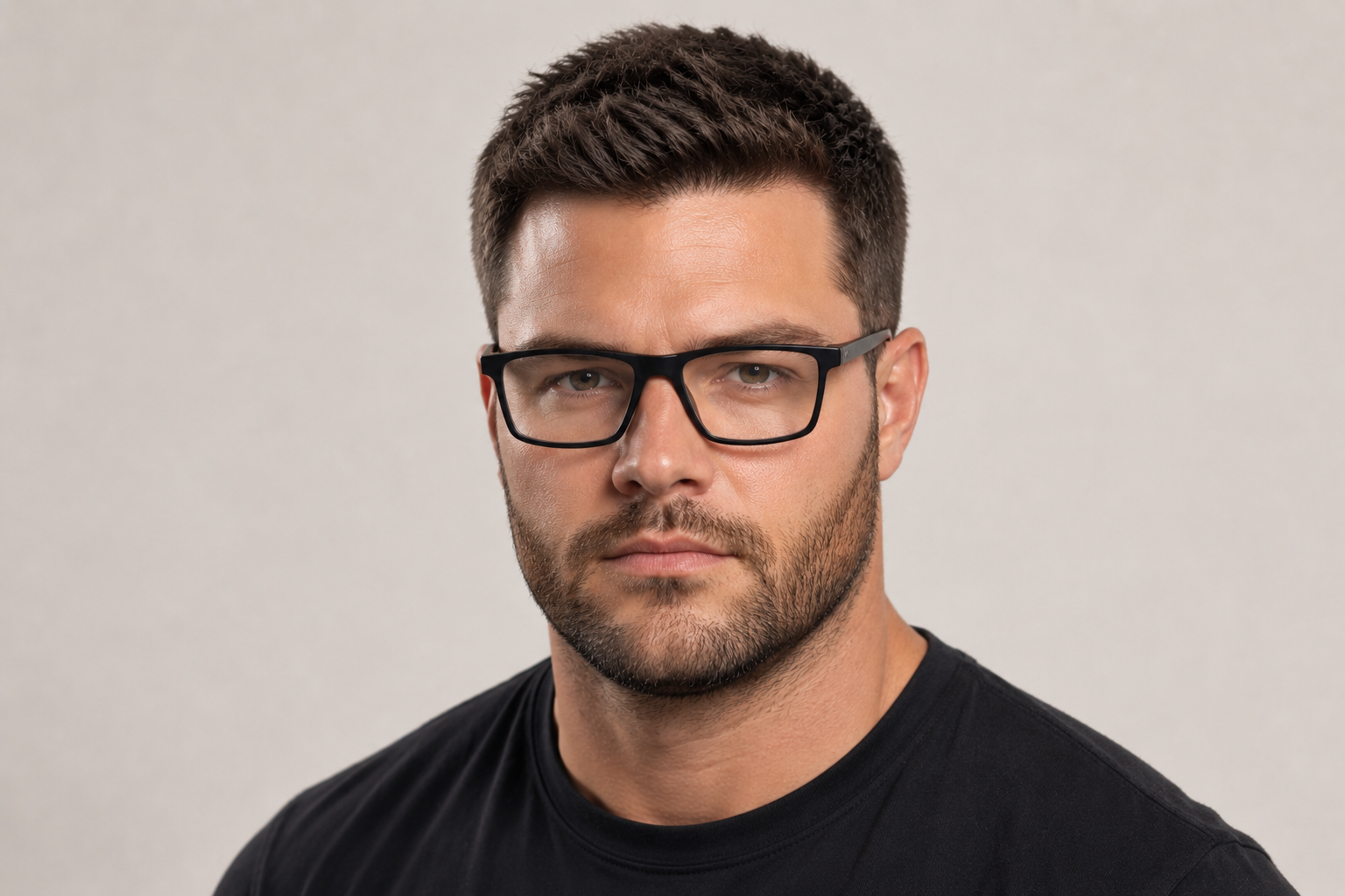 Man wearing 145mm Wide Rectangle TR90 Glasses in black-blue, front view close-up