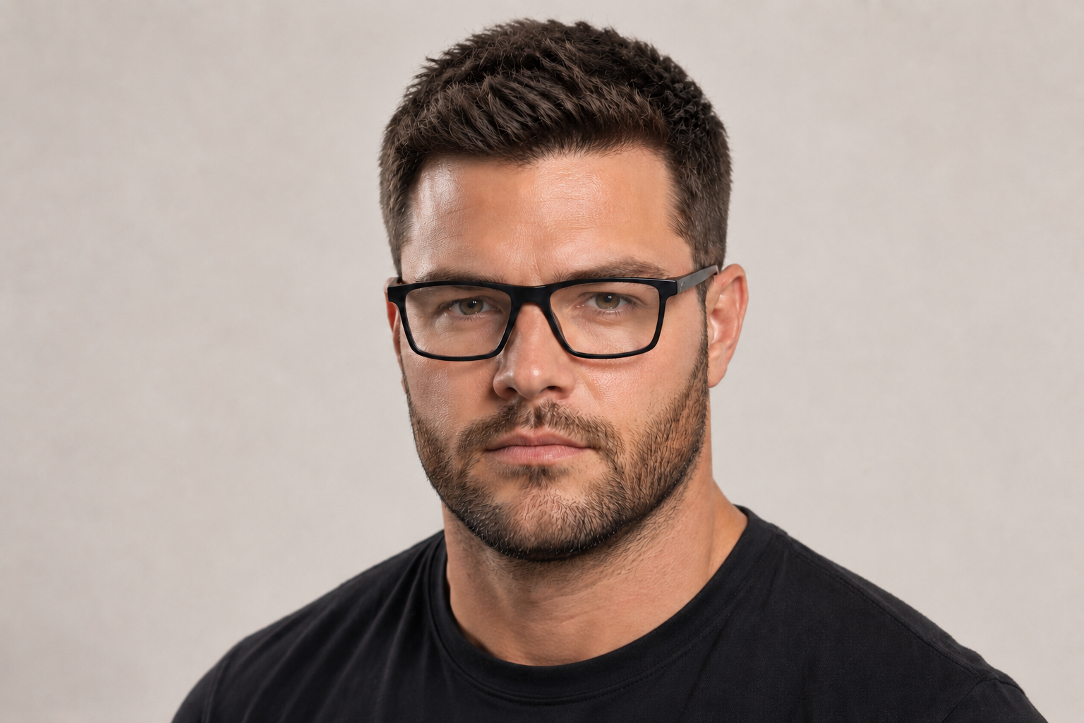 Man wearing 145mm Wide Rectangle TR90 Glasses in black, front view close-up