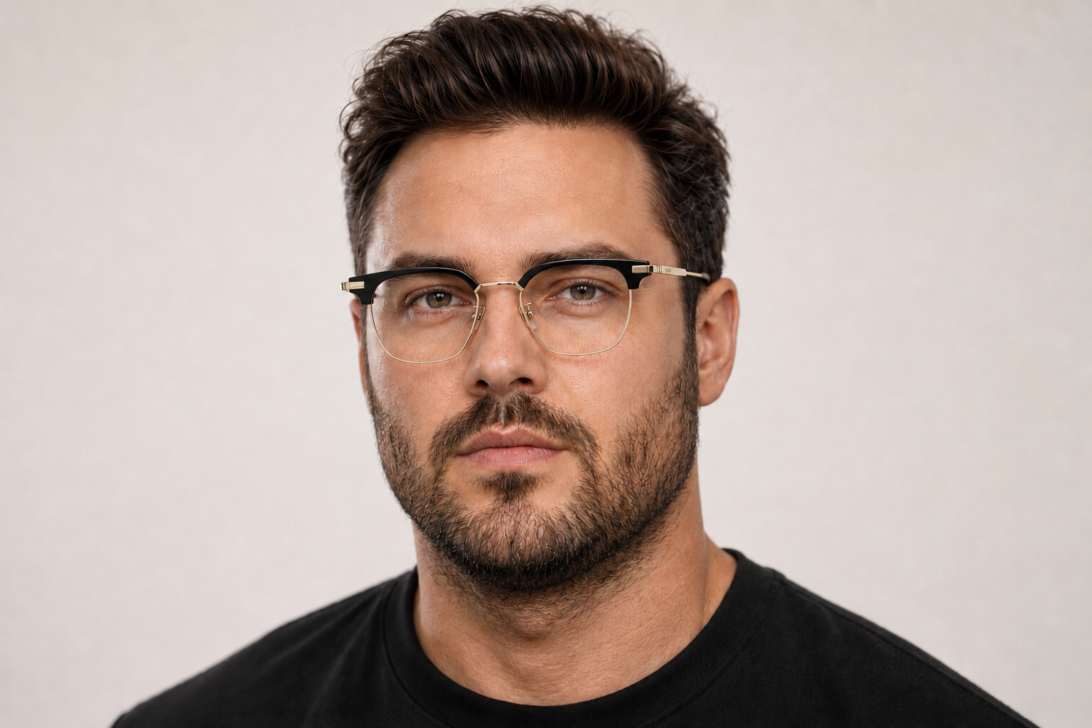 Man wearing 146mm Wide Fit Rectangle Browline Titanium Glasses in black gold, front view close-up