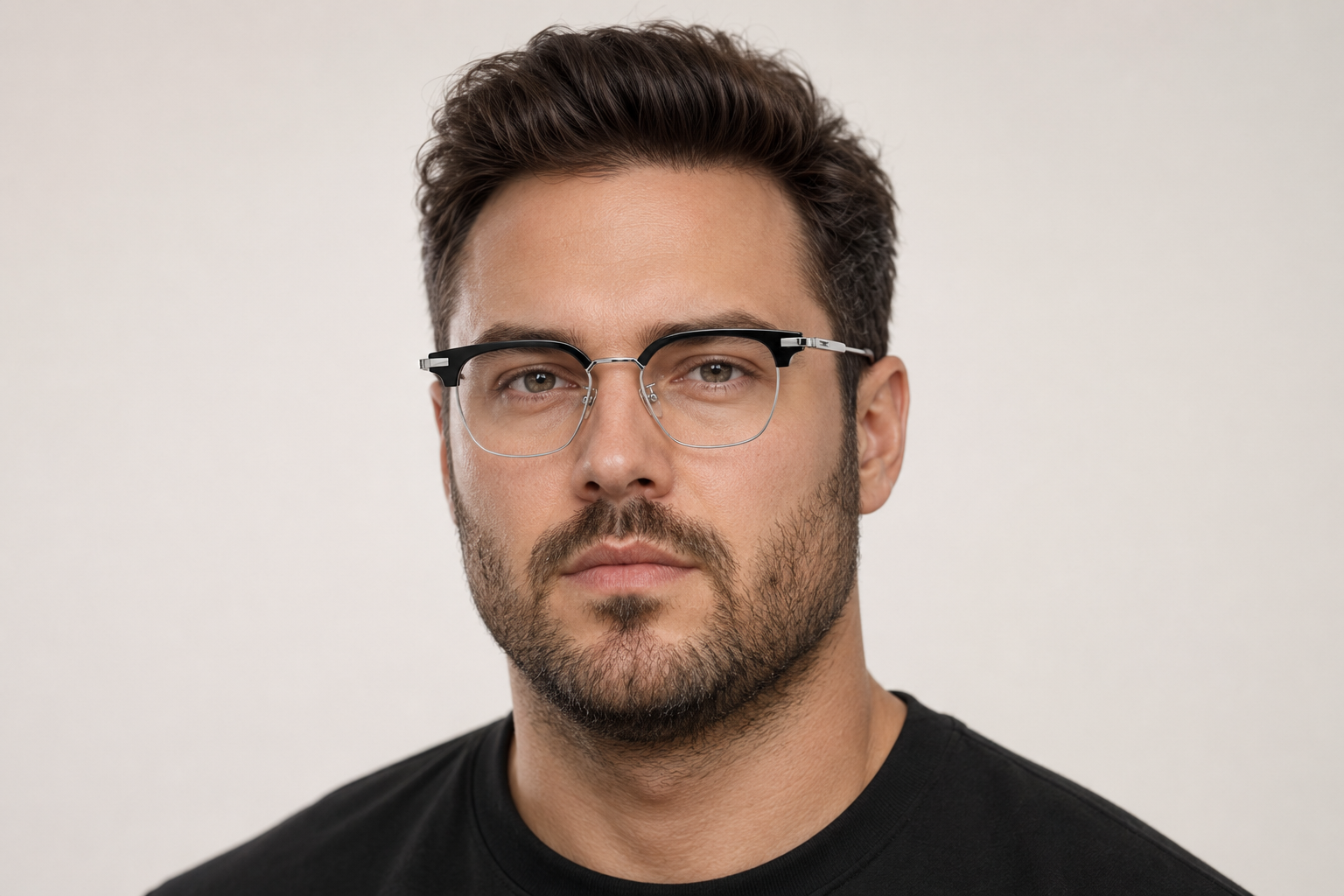 Man wearing 146mm Wide Fit Rectangle Browline Titanium Glasses in black silver, front view close-up
