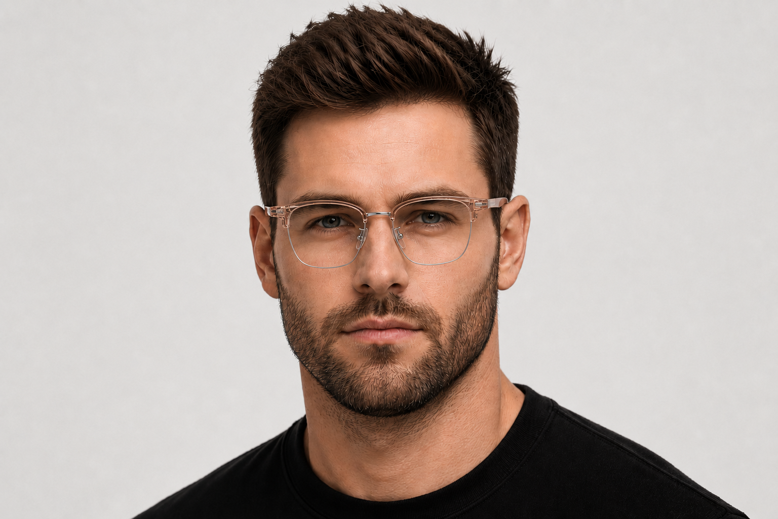 Man wearing 147mm Wide Fit Rectangle Browline Titanium Glasses in translucent pink, front view close-up