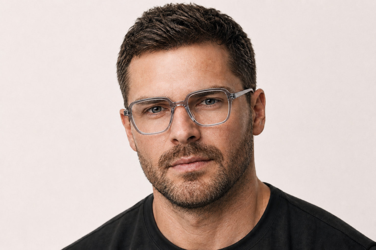 Man wearing 150mm Wide Fit Rectangle TR90 Glasses in grey gradient, front view close-up