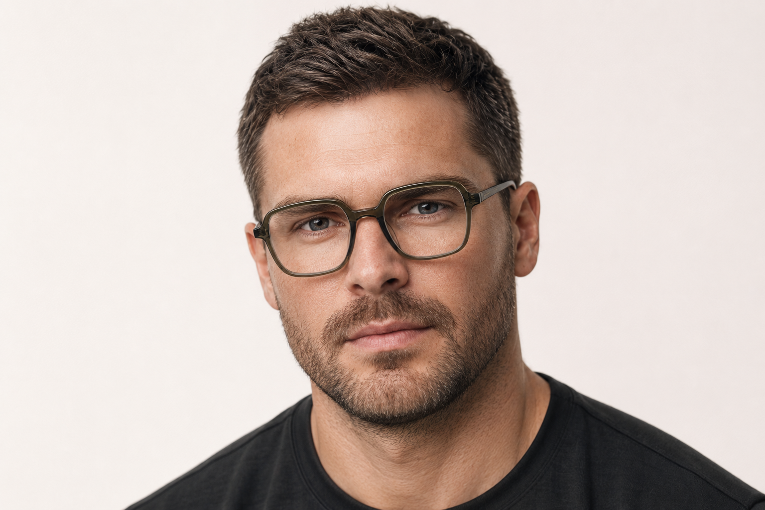 Man wearing 150mm Wide Fit Rectangle TR90 Glasses in olive, front view close-up