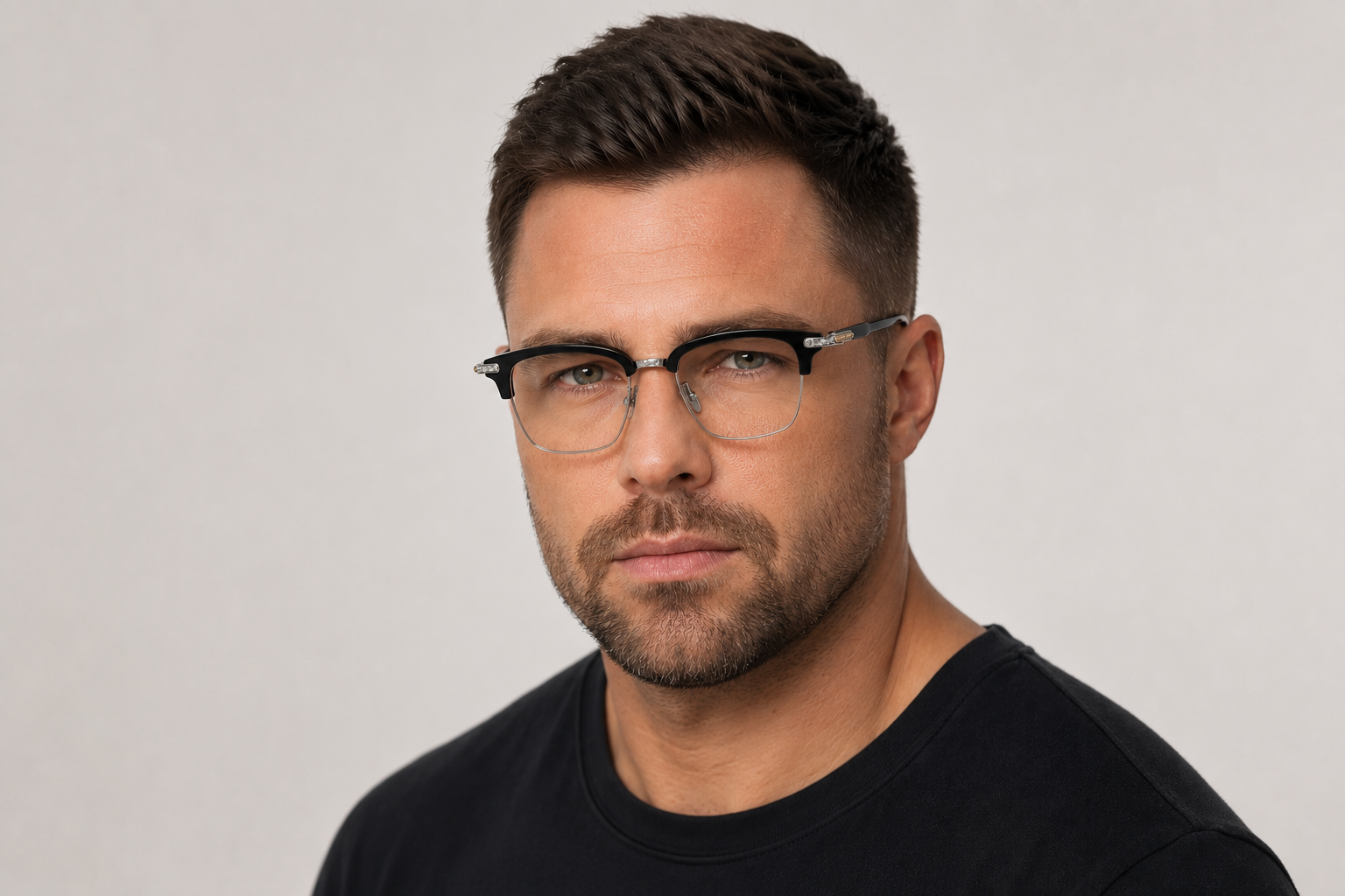 Man wearing 150mm Wide Rectangle Titanium Browline Glasses in black silver, front view close-up