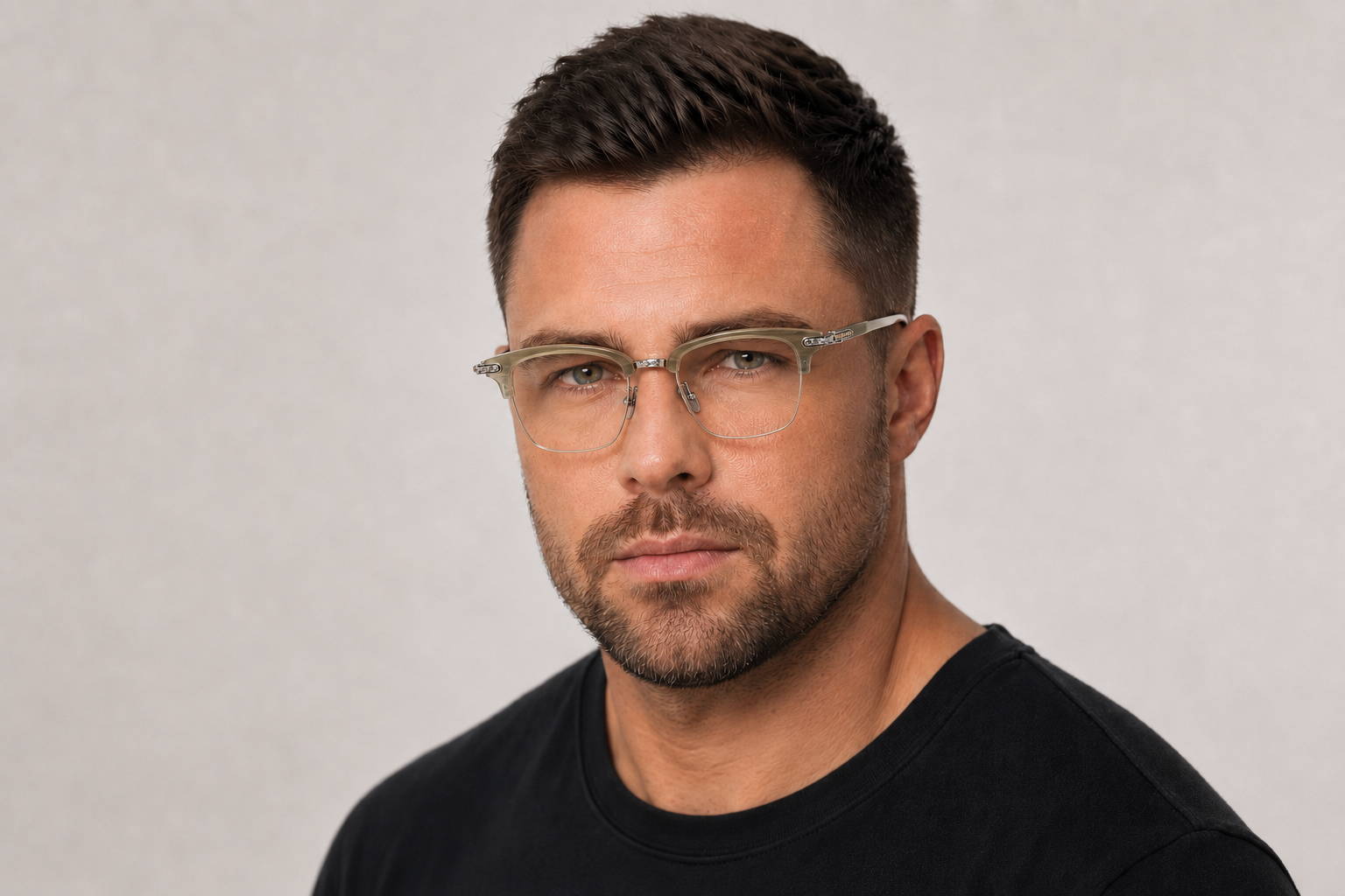 Man wearing 150mm Wide Rectangle Titanium Browline Glasses in beige gold , front view close-up