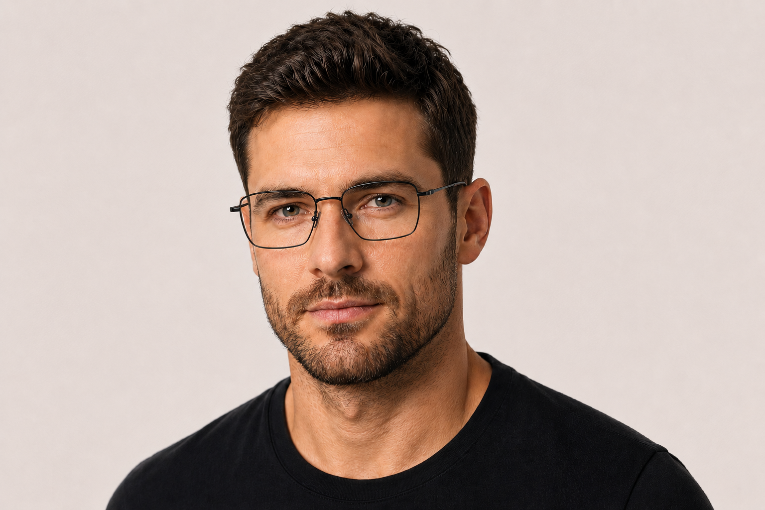 Man wearing 153mm Wide Fit Rectangle Titanium Glasses in black, front view close-up