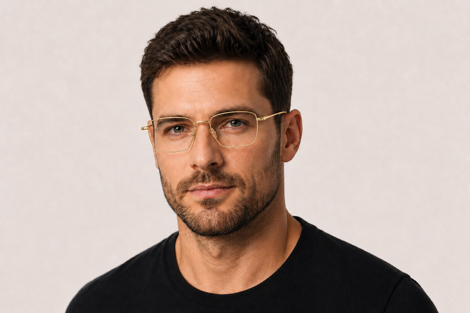 Man wearing 153mm Wide Fit Rectangle Titanium Glasses in gold, front view close-up