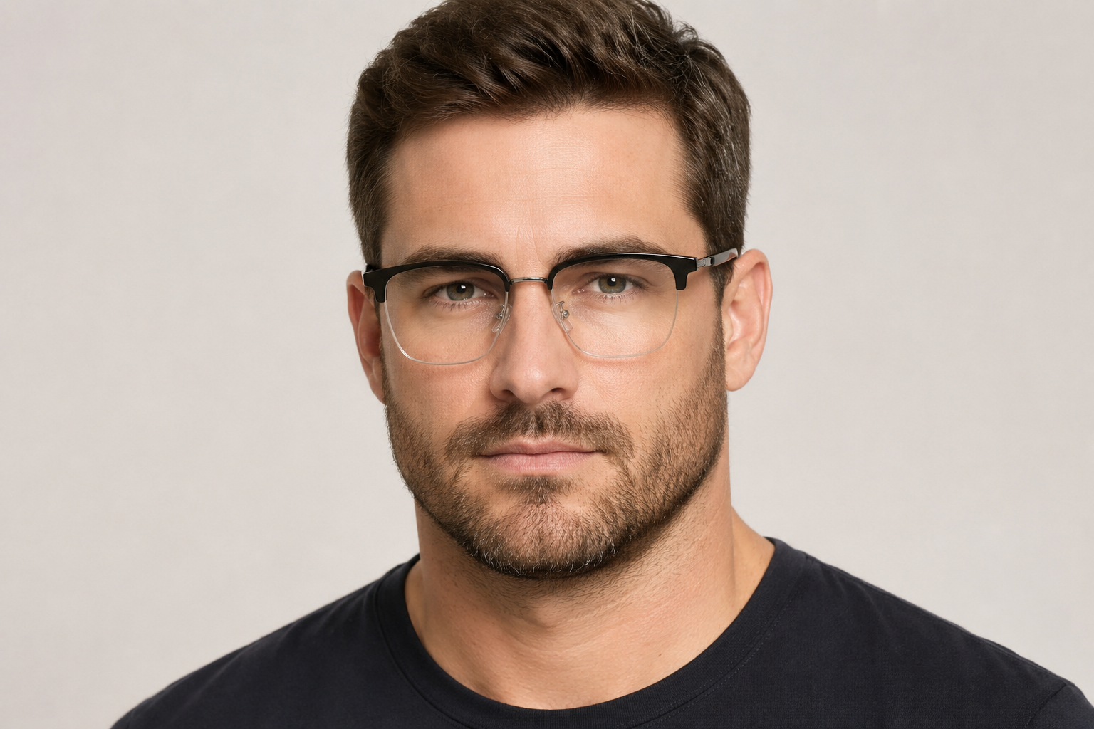 Man wearing 156mm Oversized Rectangle Browline Titanium Glasses in black silver, front view close-up
