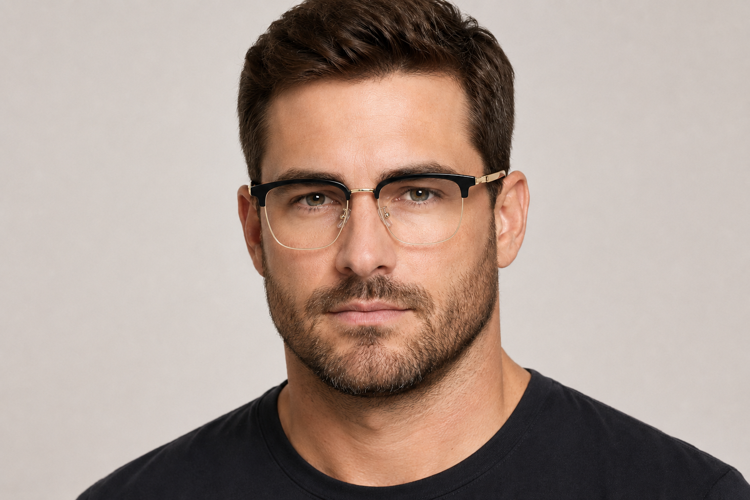 Man wearing 156mm Oversized Rectangle Browline Titanium Glasses in black gold, front view close-up