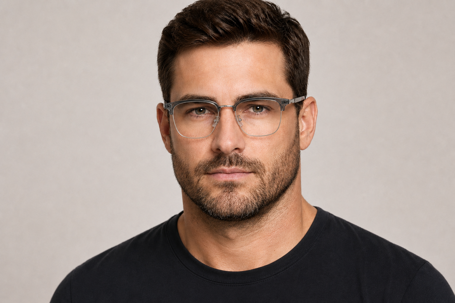 Man wearing 156mm Oversized Rectangle Browline Titanium Glasses in grey silver, front view close-up