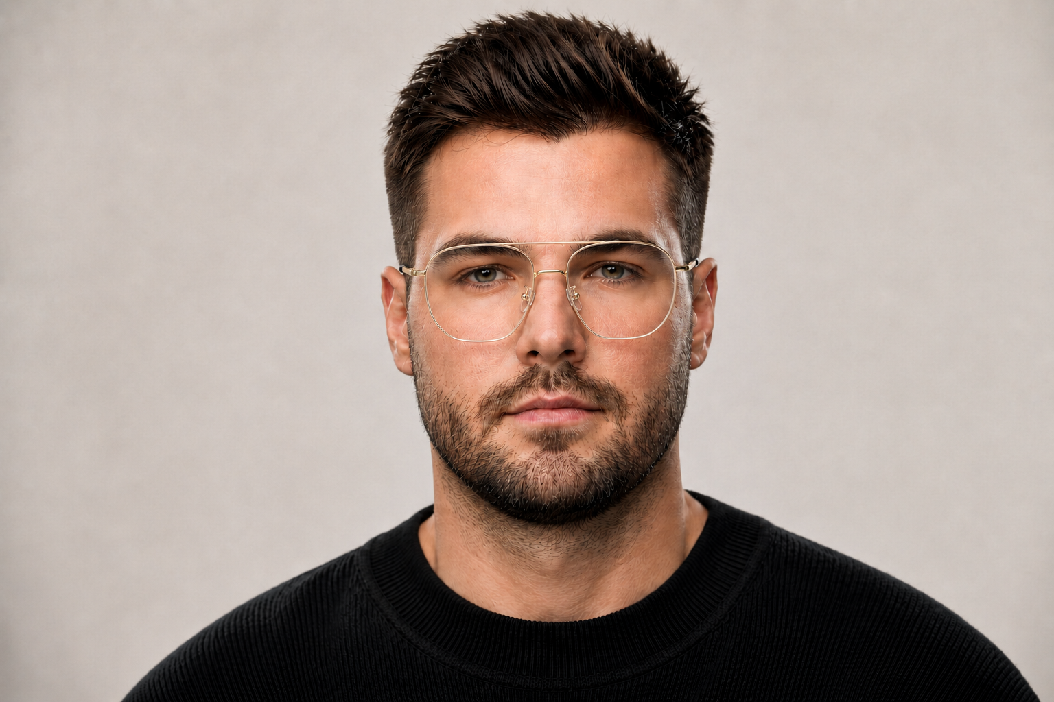 Man wearing 156mm wide fit geometric titanium glasses in gold, front view close-up