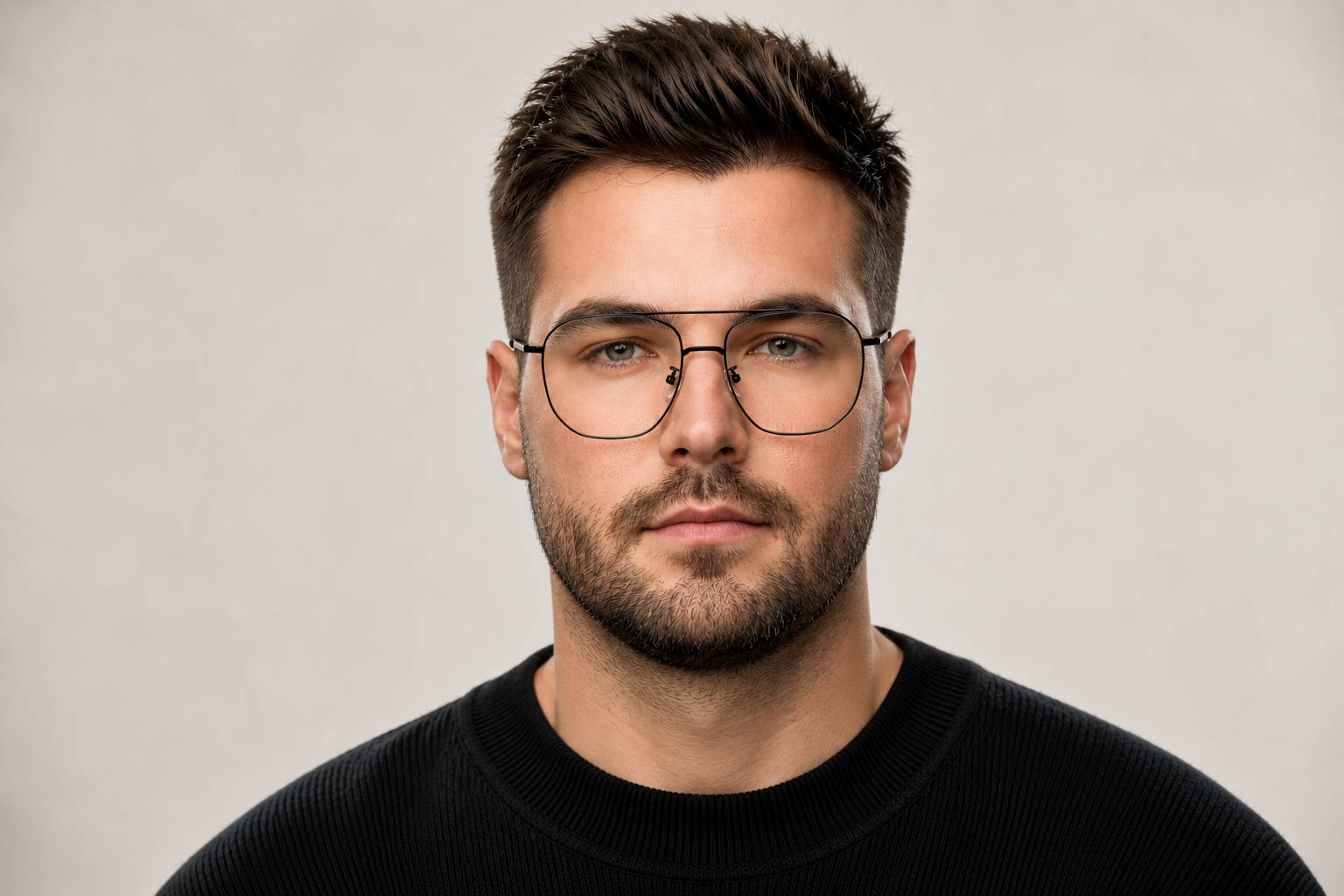 Man wearing 156mm wide fit geometric titanium glasses in black, front view close-up