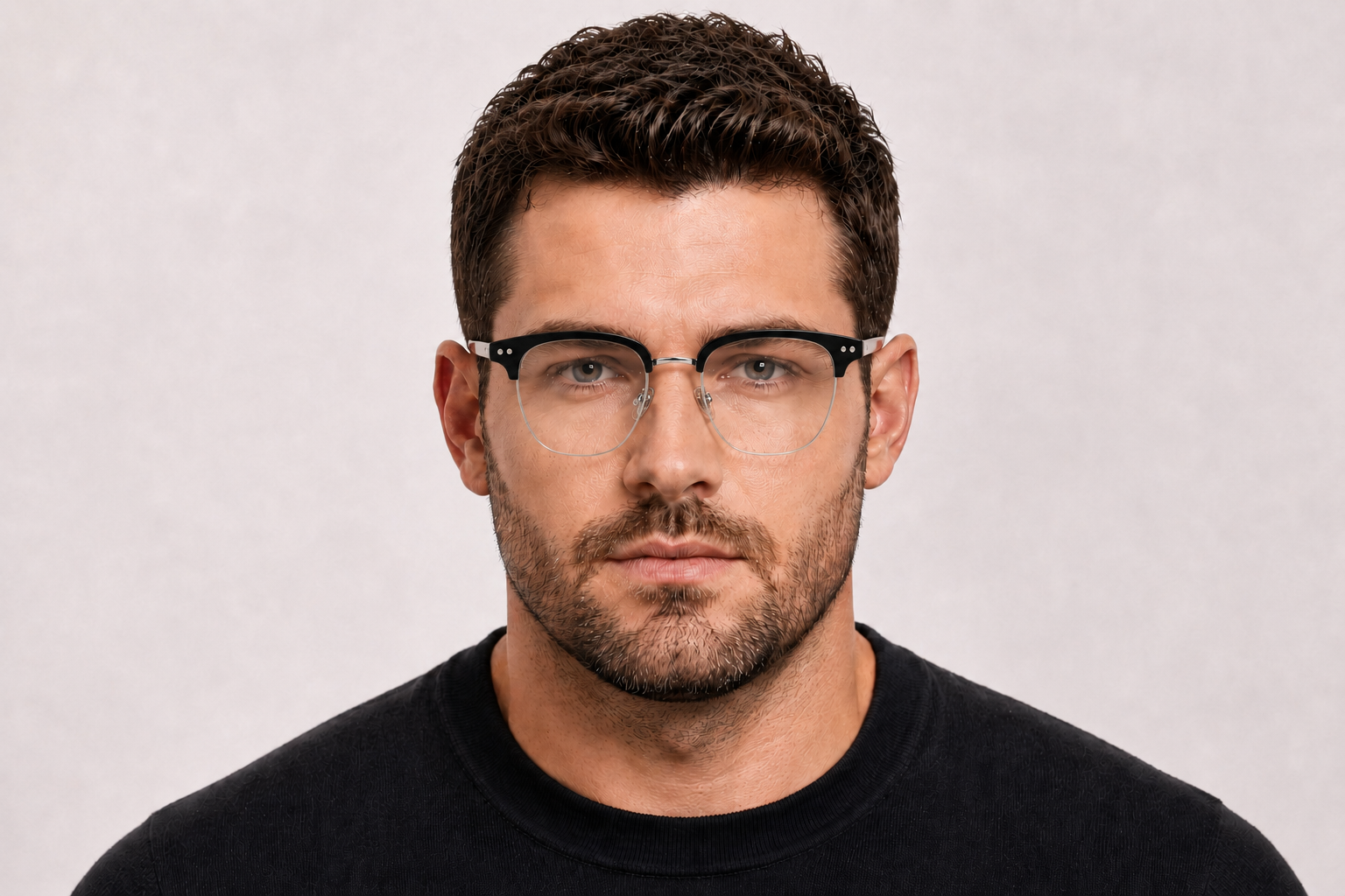 man wearing 163mm black silver wide fit rectangle browline titanium glasses